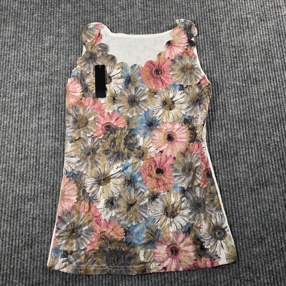 C-Mode Floral Metallic Scalloped Tank Top Gold Pink Mesh Back S/M 5B2110